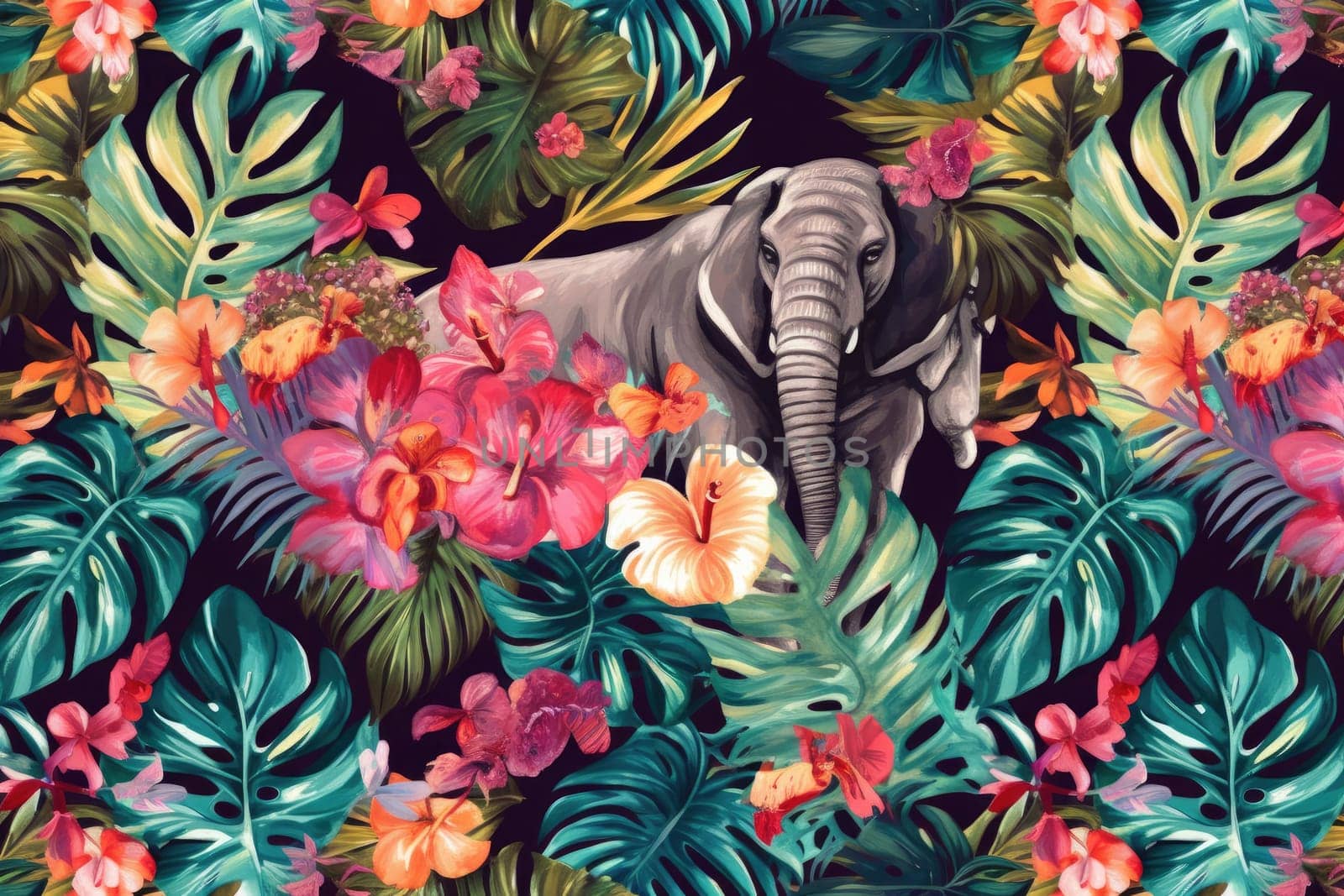 Tropical exotic pattern with animal and flowers in bright colors and lush vegetation. Ai Generative