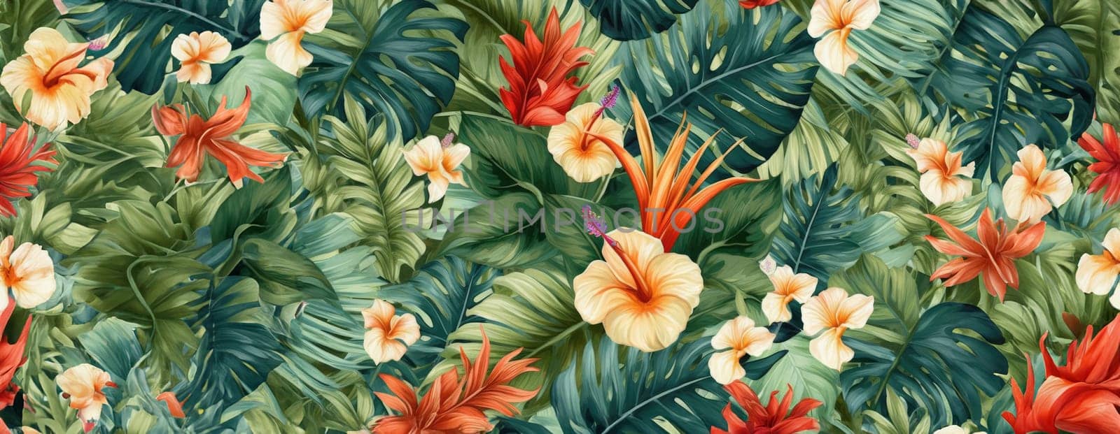 Tropical exotic pattern with animal and flowers in bright colors and lush vegetation. Ai Generative. by Benzoix