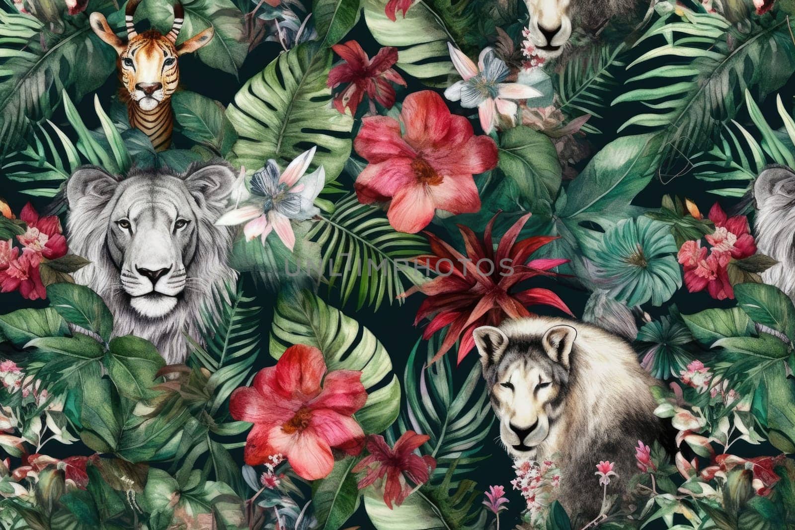 Tropical exotic pattern with animal and flowers in bright colors and lush vegetation. Ai Generative. by Benzoix