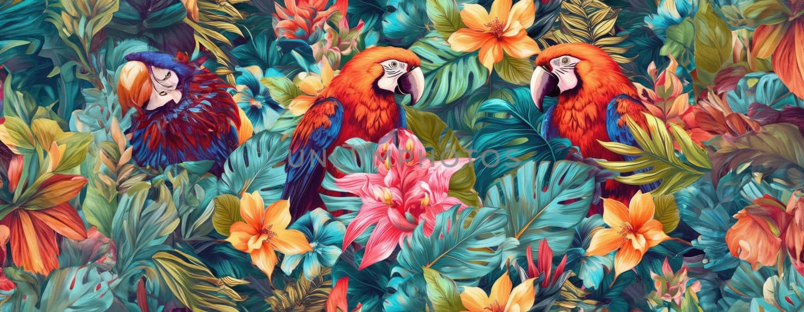 Tropical exotic pattern with animal and flowers in bright colors and lush vegetation. Ai Generative