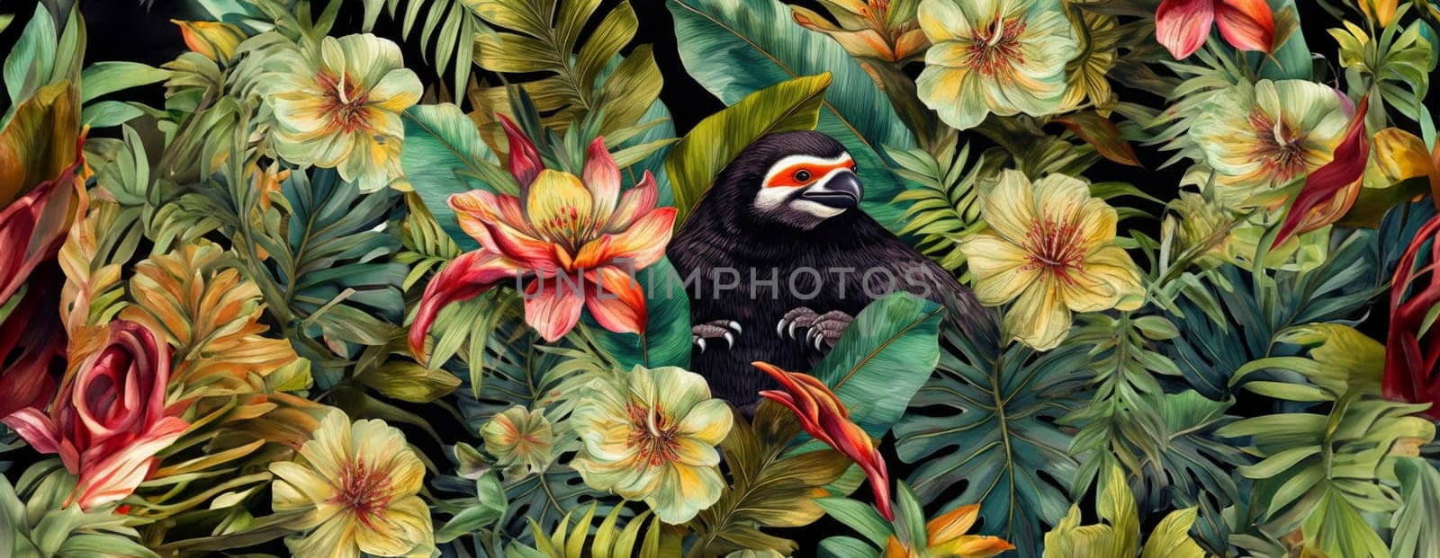 Tropical exotic pattern with animal and flowers in bright colors and lush vegetation. Ai Generative