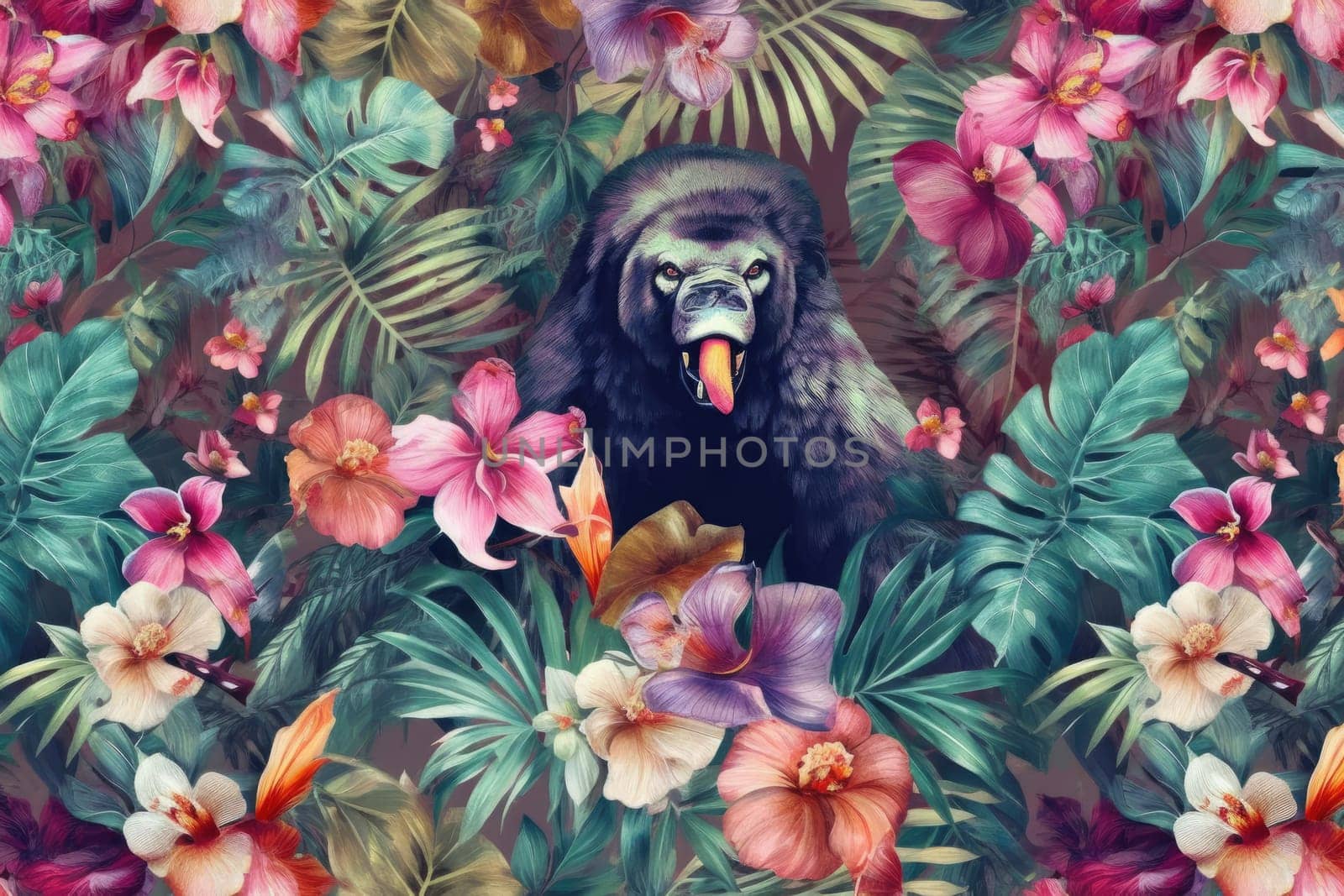 Tropical exotic pattern with animal and flowers in bright colors and lush vegetation. Ai Generative