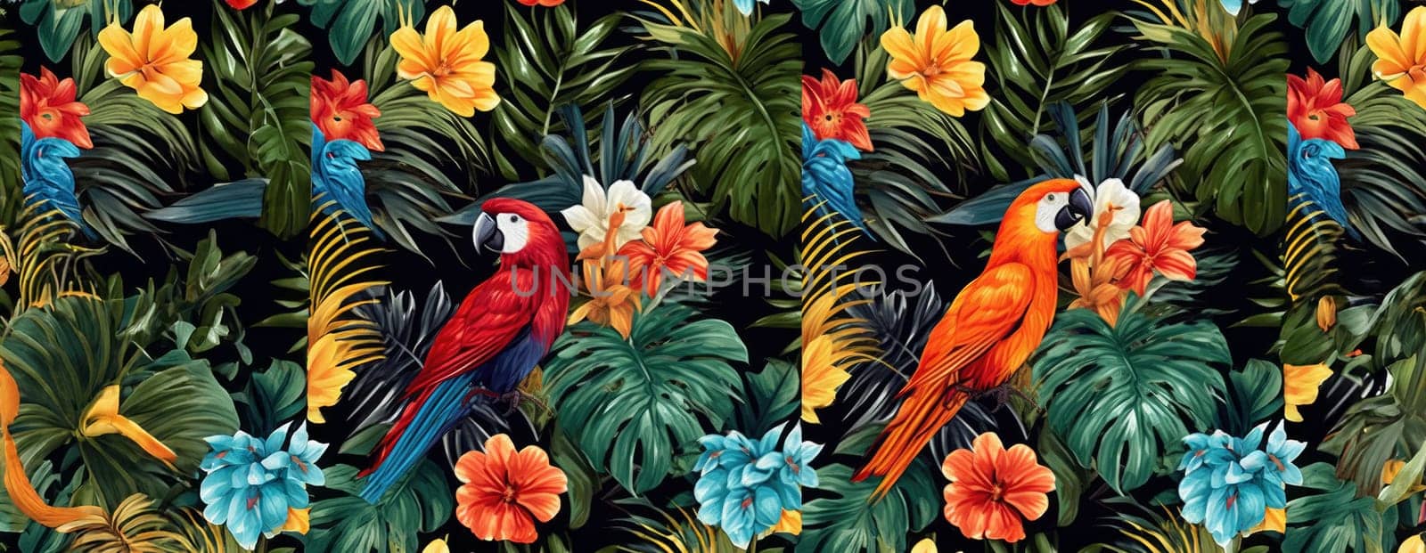 Tropical exotic pattern with animal and flowers in bright colors and lush vegetation. Ai Generative