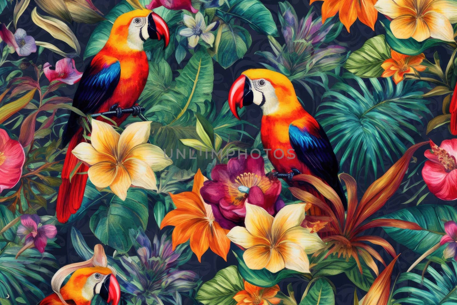 Tropical exotic pattern with animal and flowers in bright colors and lush vegetation. Ai Generative