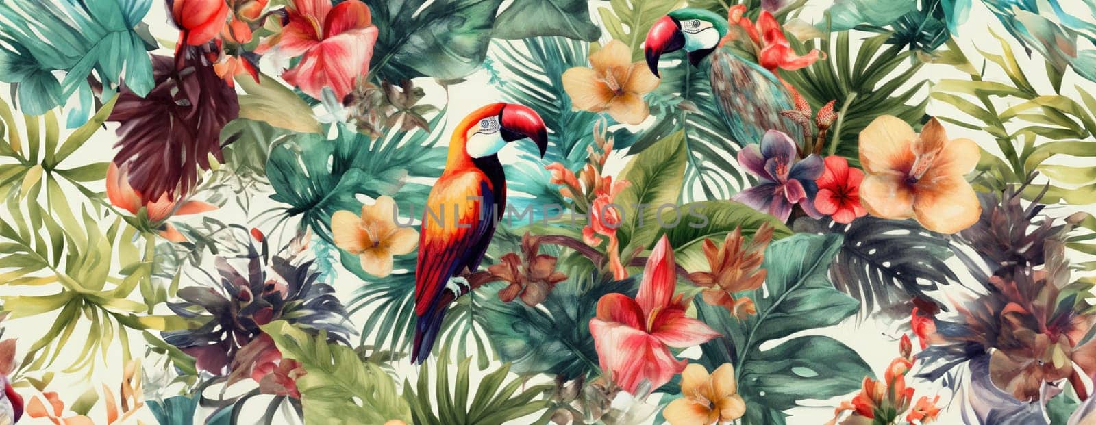 Tropical exotic pattern with animal and flowers in bright colors and lush vegetation. Ai Generative