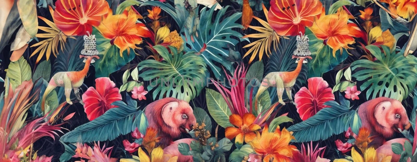 Tropical exotic pattern with animal and flowers in bright colors and lush vegetation. Ai Generative