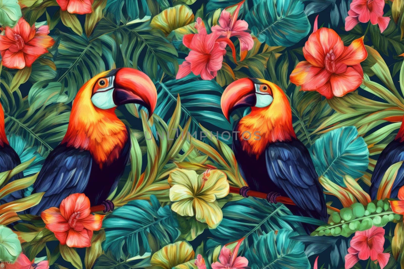 Tropical exotic pattern with animal and flowers in bright colors and lush vegetation. Ai Generative. by Benzoix