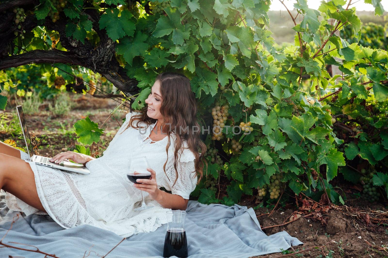 beautiful woman in white dress at a picnic with a laptop in the vineyards