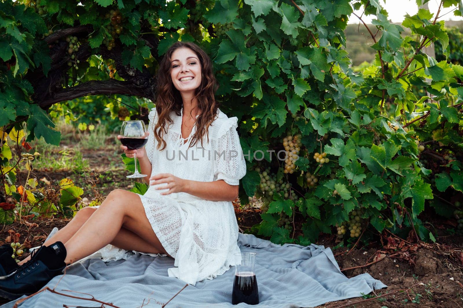 beautiful woman in white dress at a picnic with a laptop in the vineyards