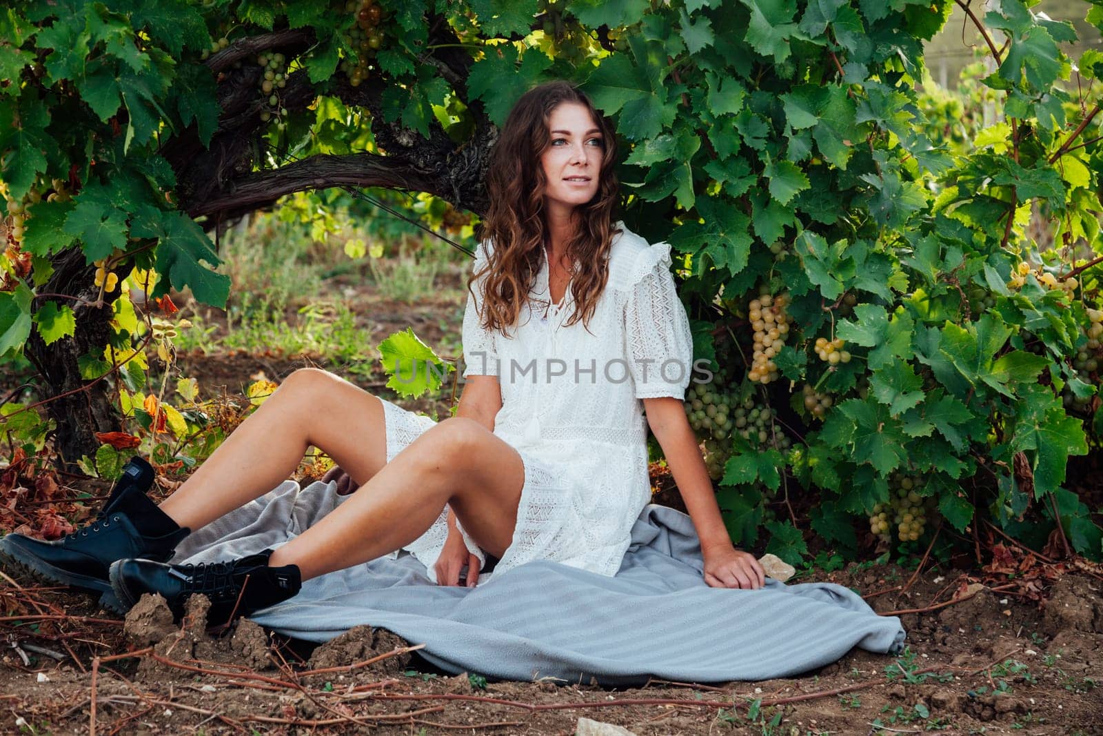 beautiful woman in white dress at a picnic with a laptop in the vineyards