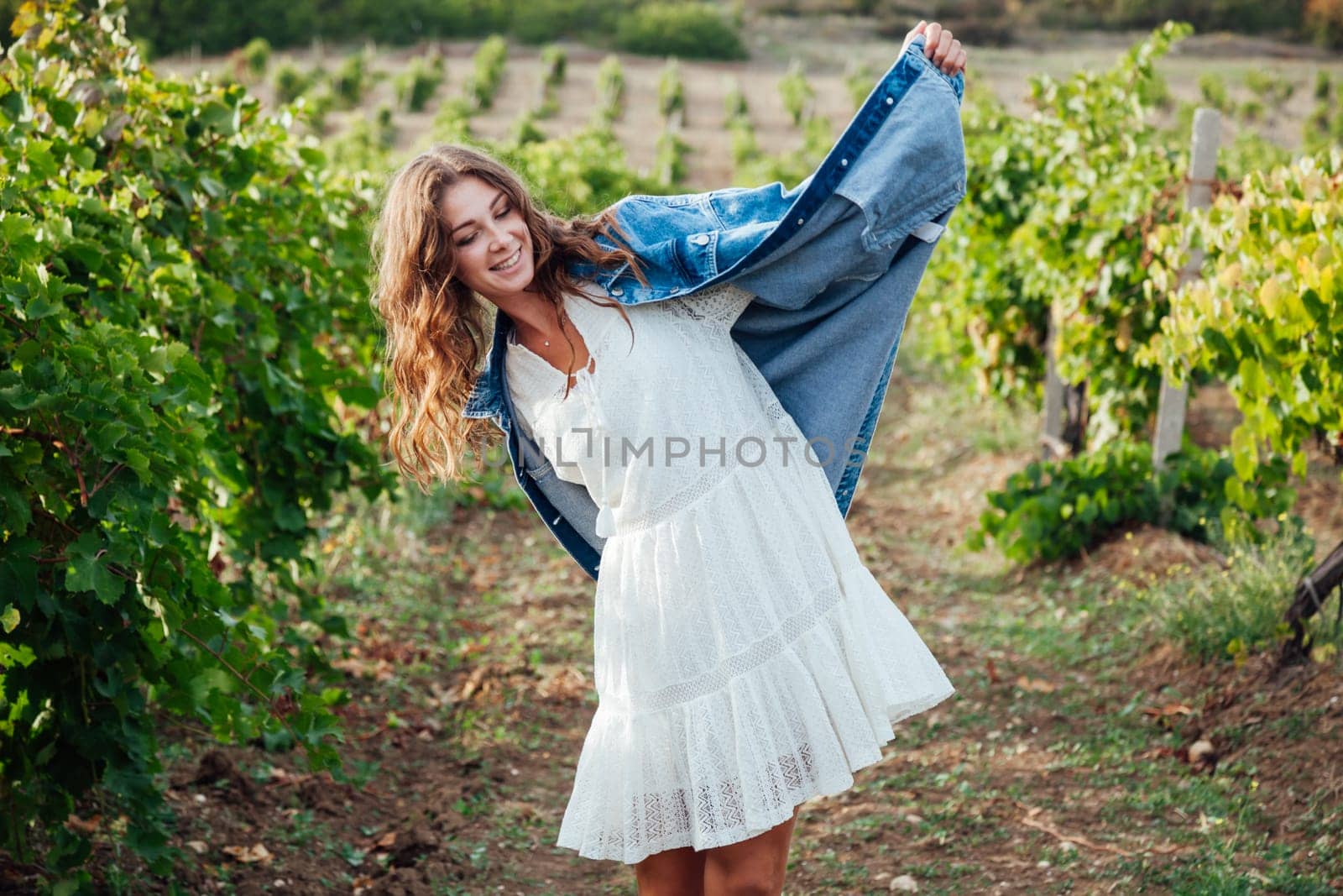 beautiful fashionable woman in a white dress and jacket in the vineyards by Simakov