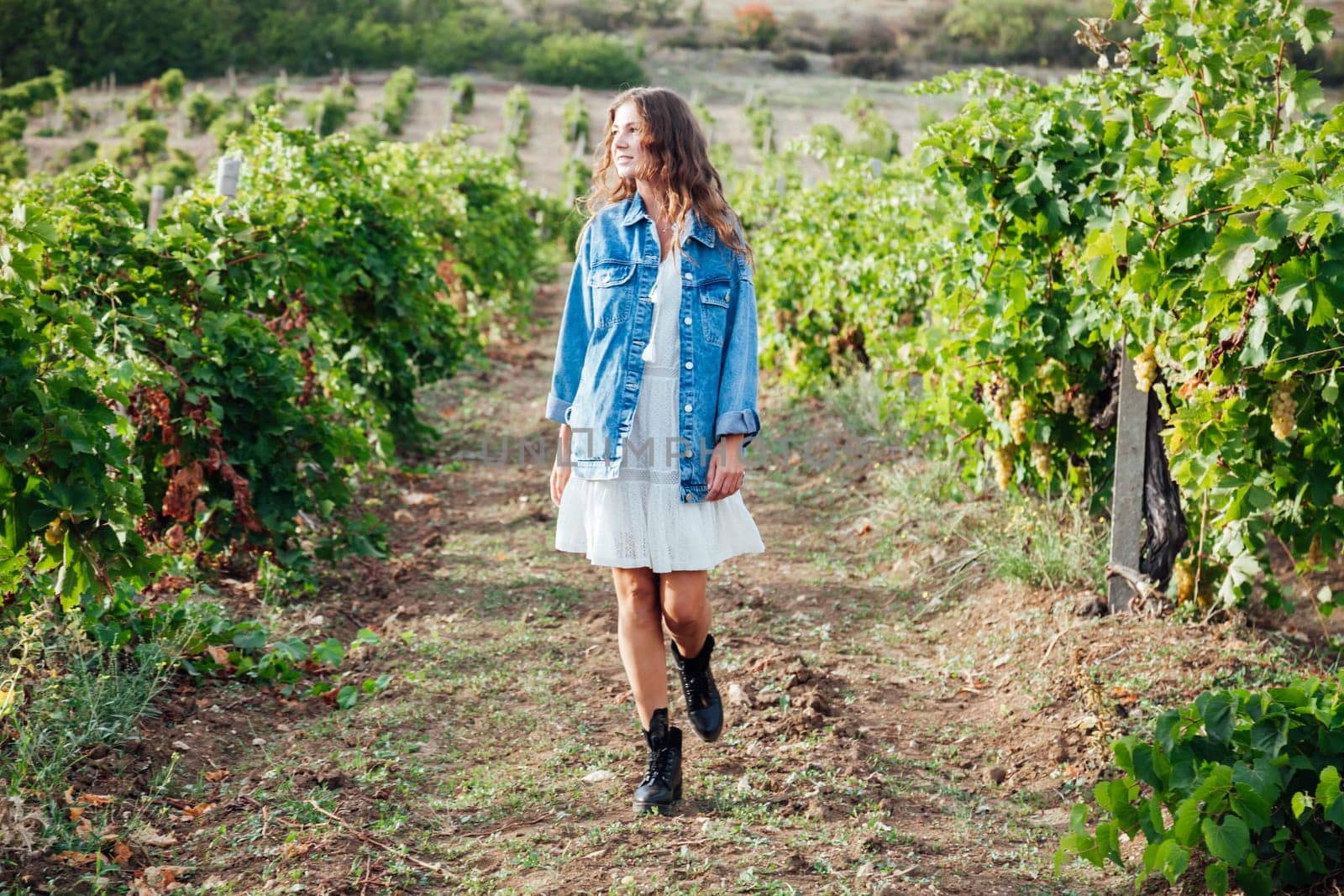 fashionable woman in a white dress and jacket in the vineyards