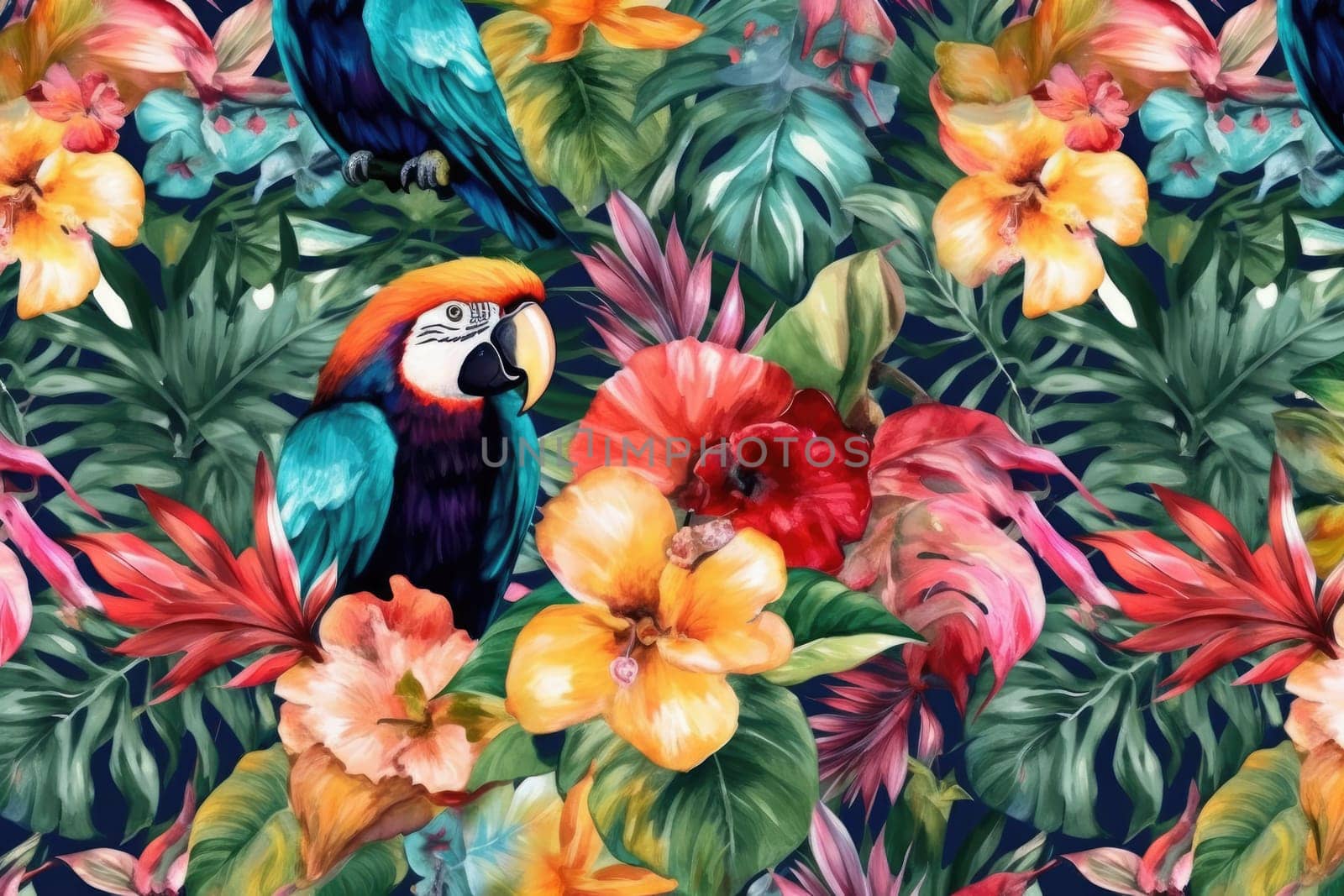 Tropical exotic pattern with animal and flowers in bright colors and lush vegetation. Ai Generative. by Benzoix