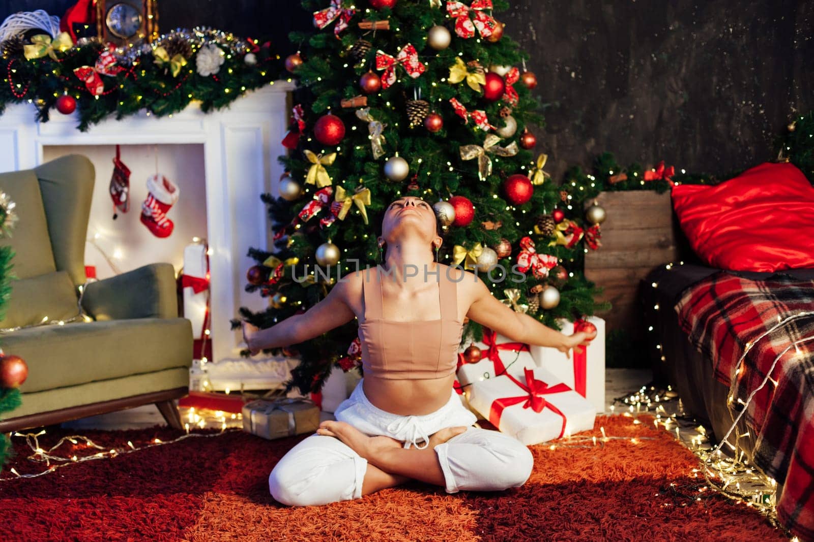 Christmas tree woman yoga asana gymnastics body new year