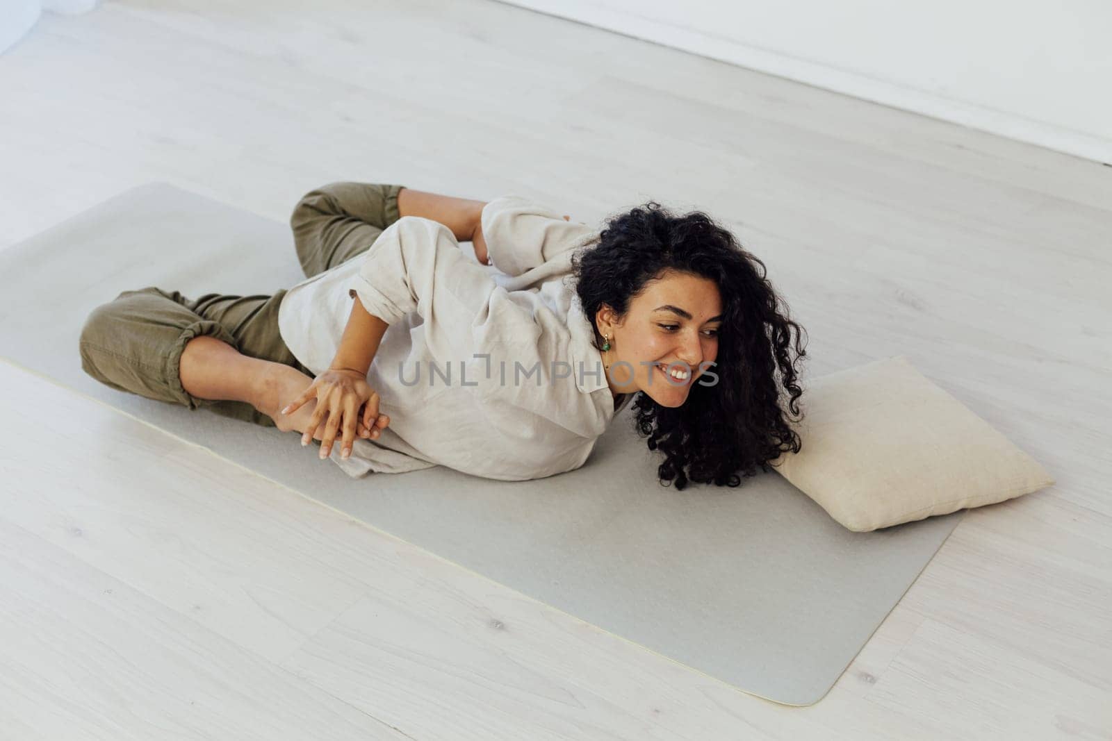 Sporting beautiful woman yoga asana gymnastics flexibility body