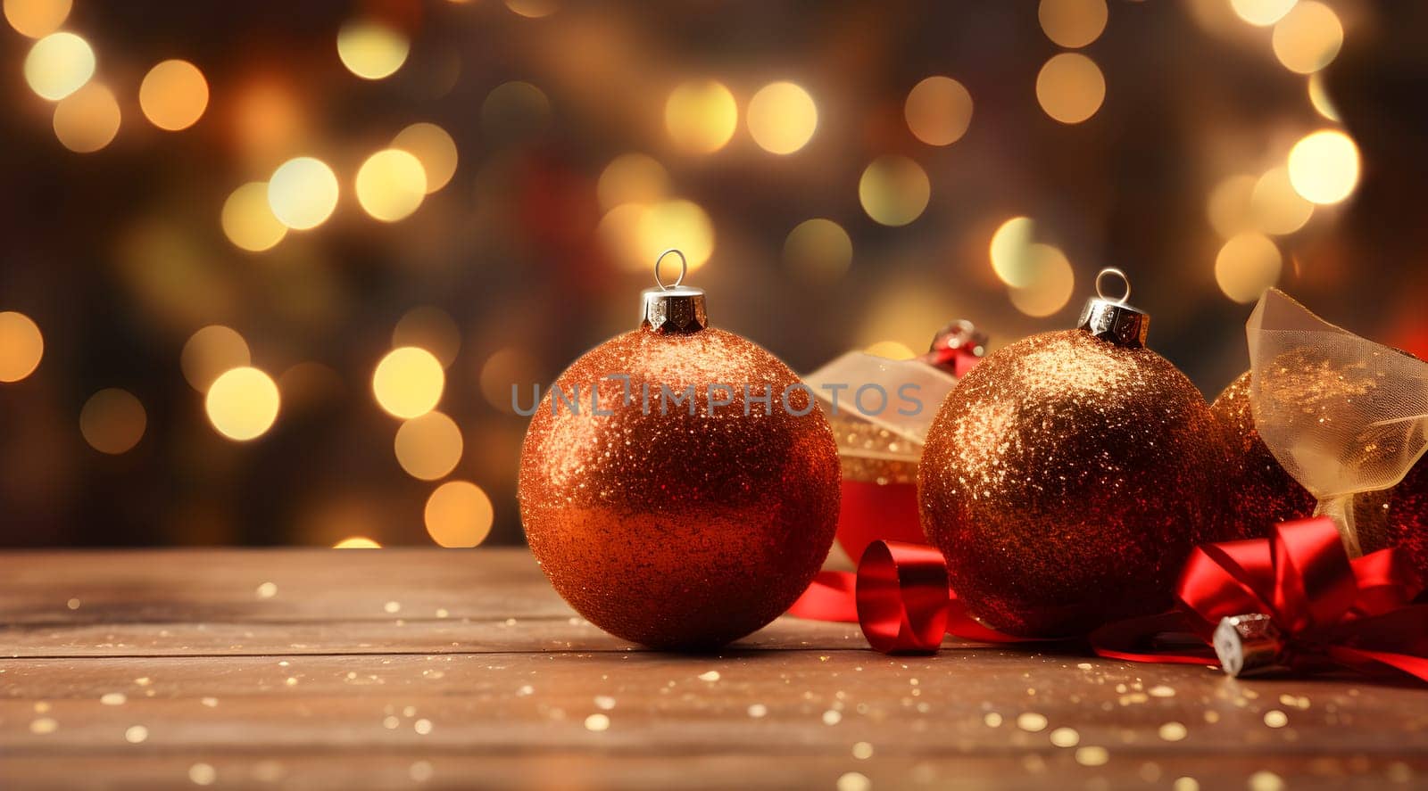 Sparkling christmas ornaments dance in the warm light, adorning the table with festive cheer and adding a touch of magic to the room's decor - Generative AI