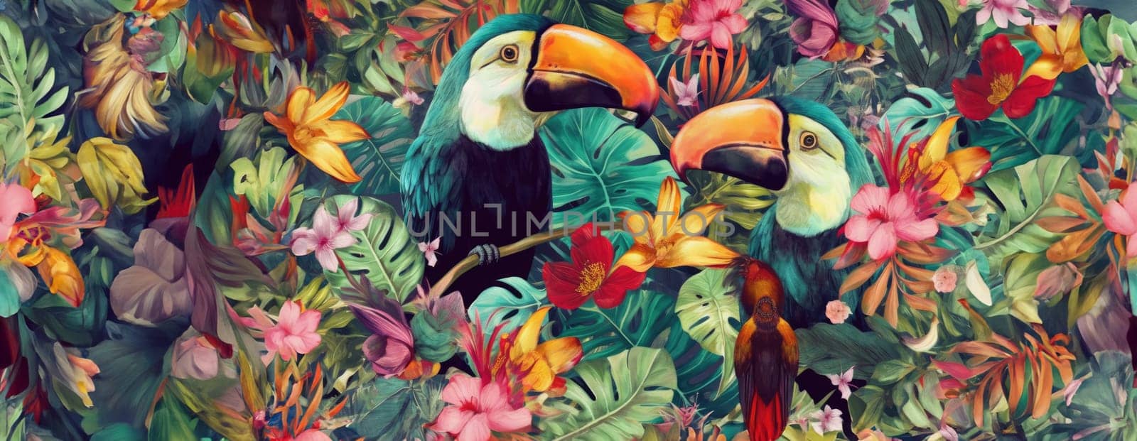 Tropical exotic pattern with animal and flowers in bright colors and lush vegetation. Ai Generative