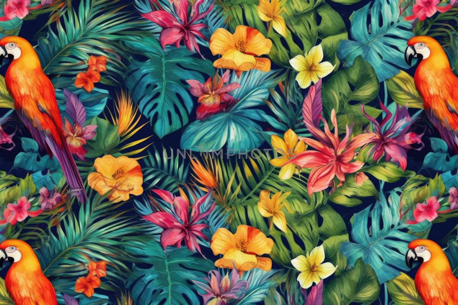 Tropical exotic pattern with animal and flowers in bright colors and lush vegetation. Ai Generative. by Benzoix