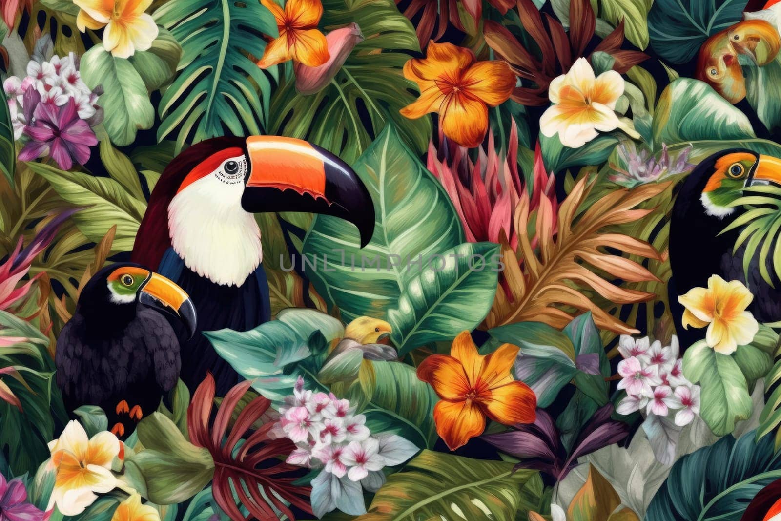 Tropical exotic pattern with animal and flowers in bright colors and lush vegetation. Ai Generative. by Benzoix