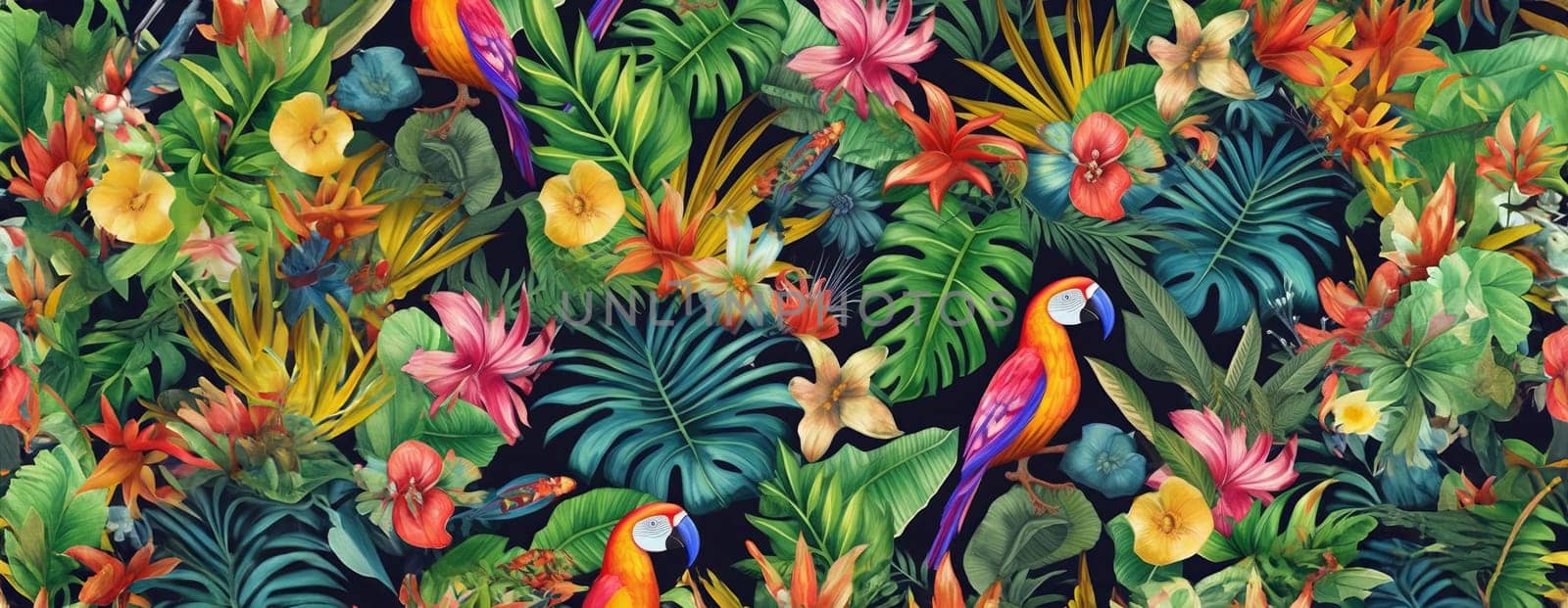 Tropical exotic pattern with animal and flowers in bright colors and lush vegetation. Ai Generative. by Benzoix