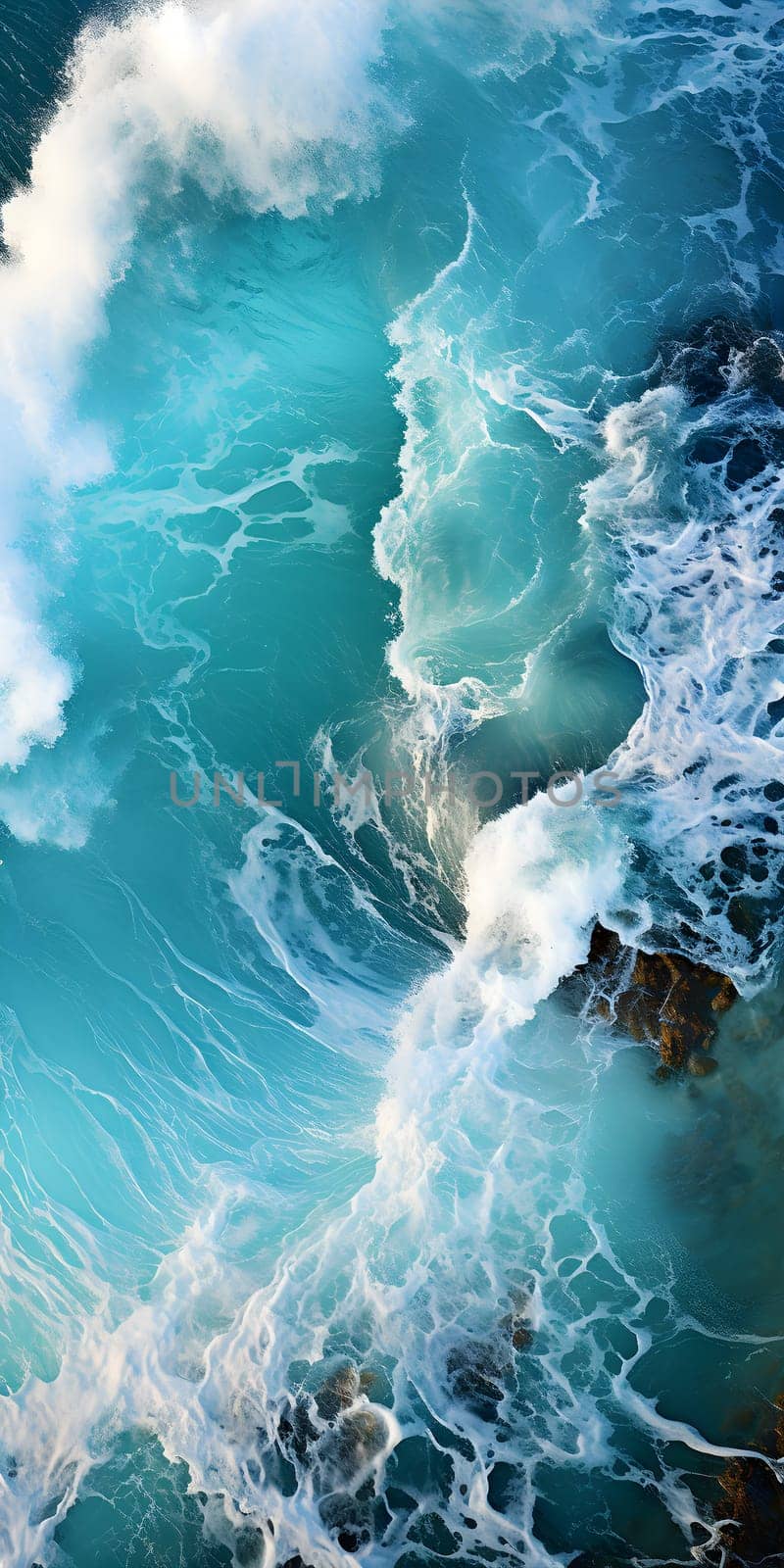 aerial view of ocean scene with waves breaking against coast - Generative AI by chrisroll