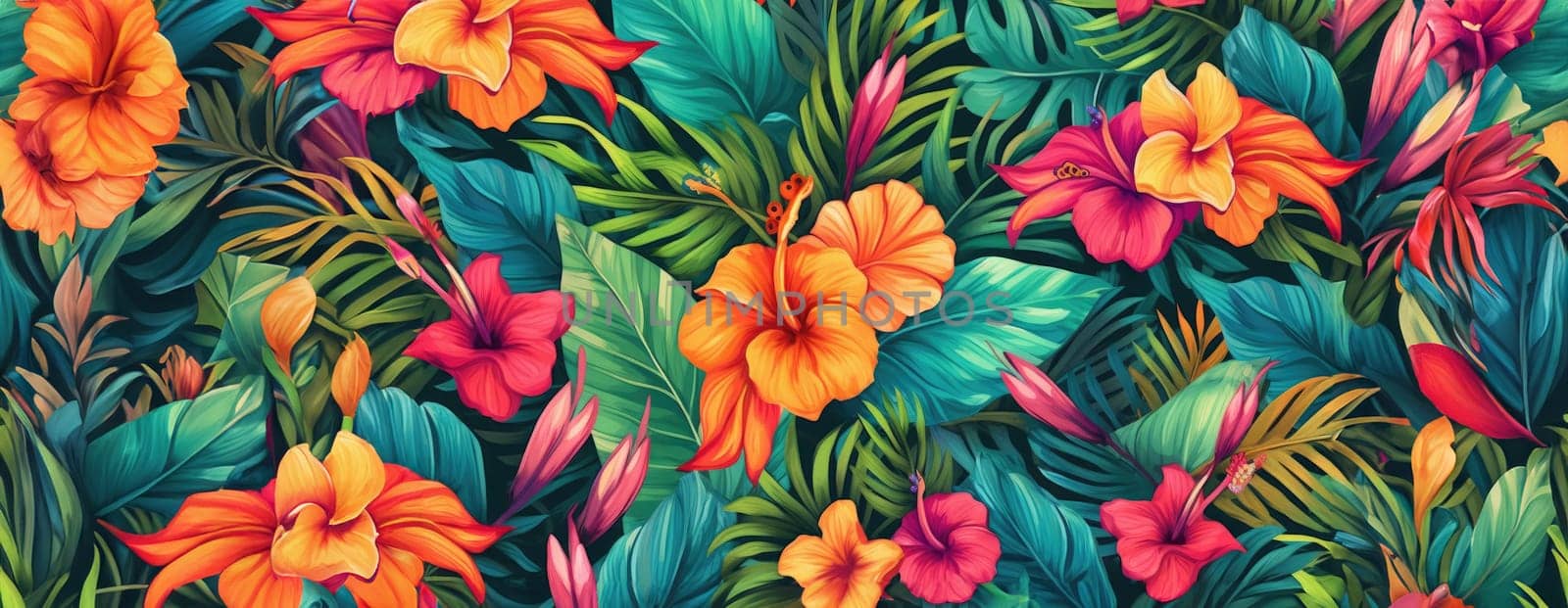 Tropical exotic pattern with animal and flowers in bright colors and lush vegetation. Ai Generative. by Benzoix