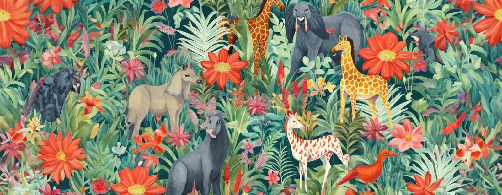 Tropical exotic pattern with animal and flowers in bright colors and lush vegetation. Ai Generative