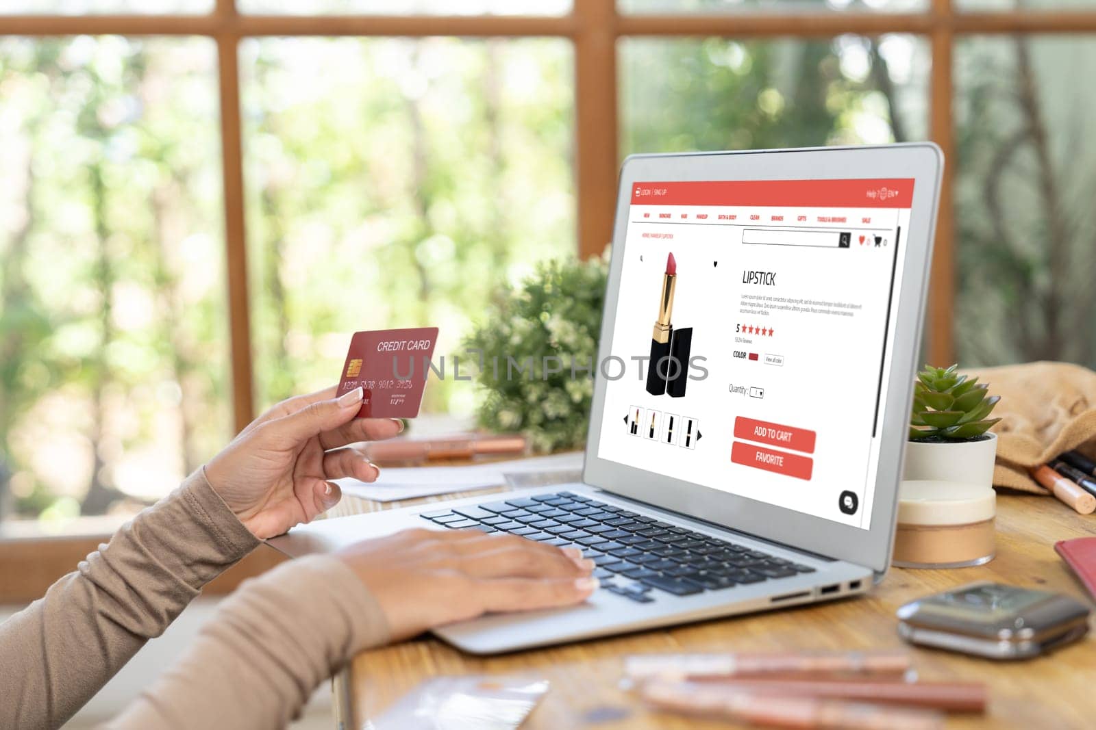 Woman shopping online on internet marketplace browsing for sale items for modern lifestyle and use credit card for online payment from wallet protected by crucial cyber security software