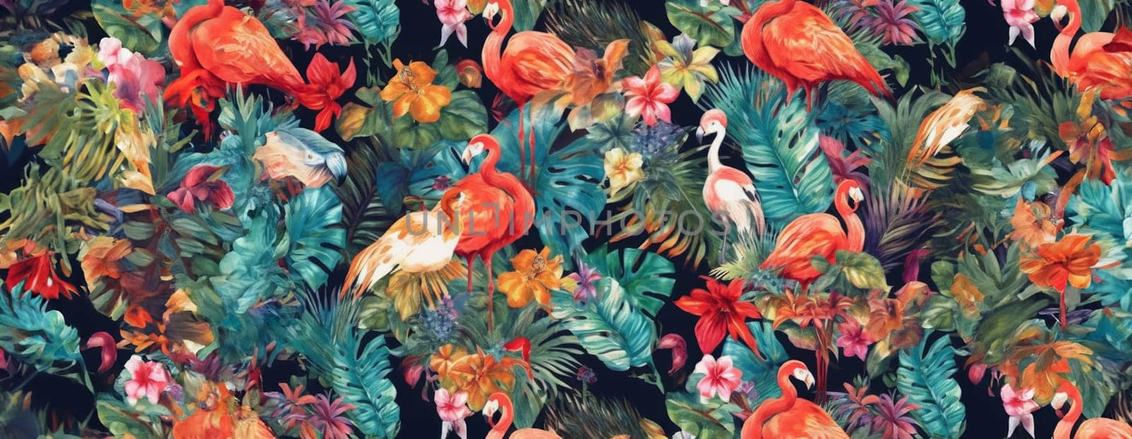 Tropical exotic pattern with animal and flowers in bright colors and lush vegetation. Ai Generative