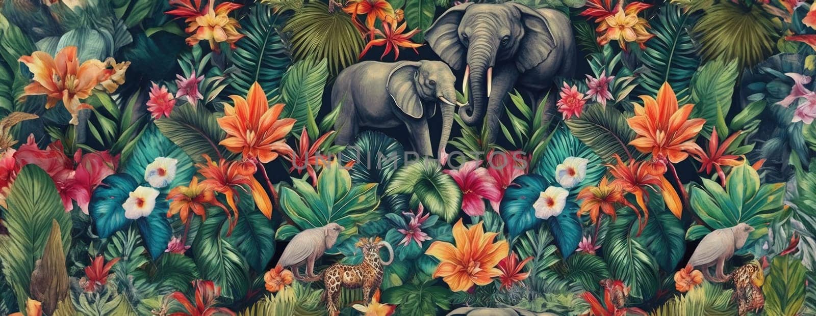 Tropical exotic pattern with animal and flowers in bright colors and lush vegetation. Ai Generative