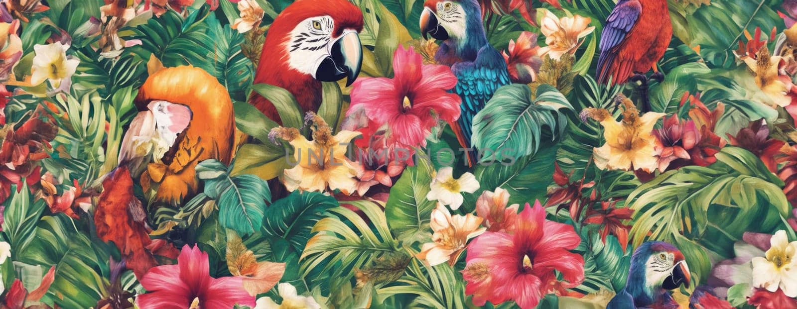 Tropical exotic pattern with animal and flowers in bright colors and lush vegetation. Ai Generative