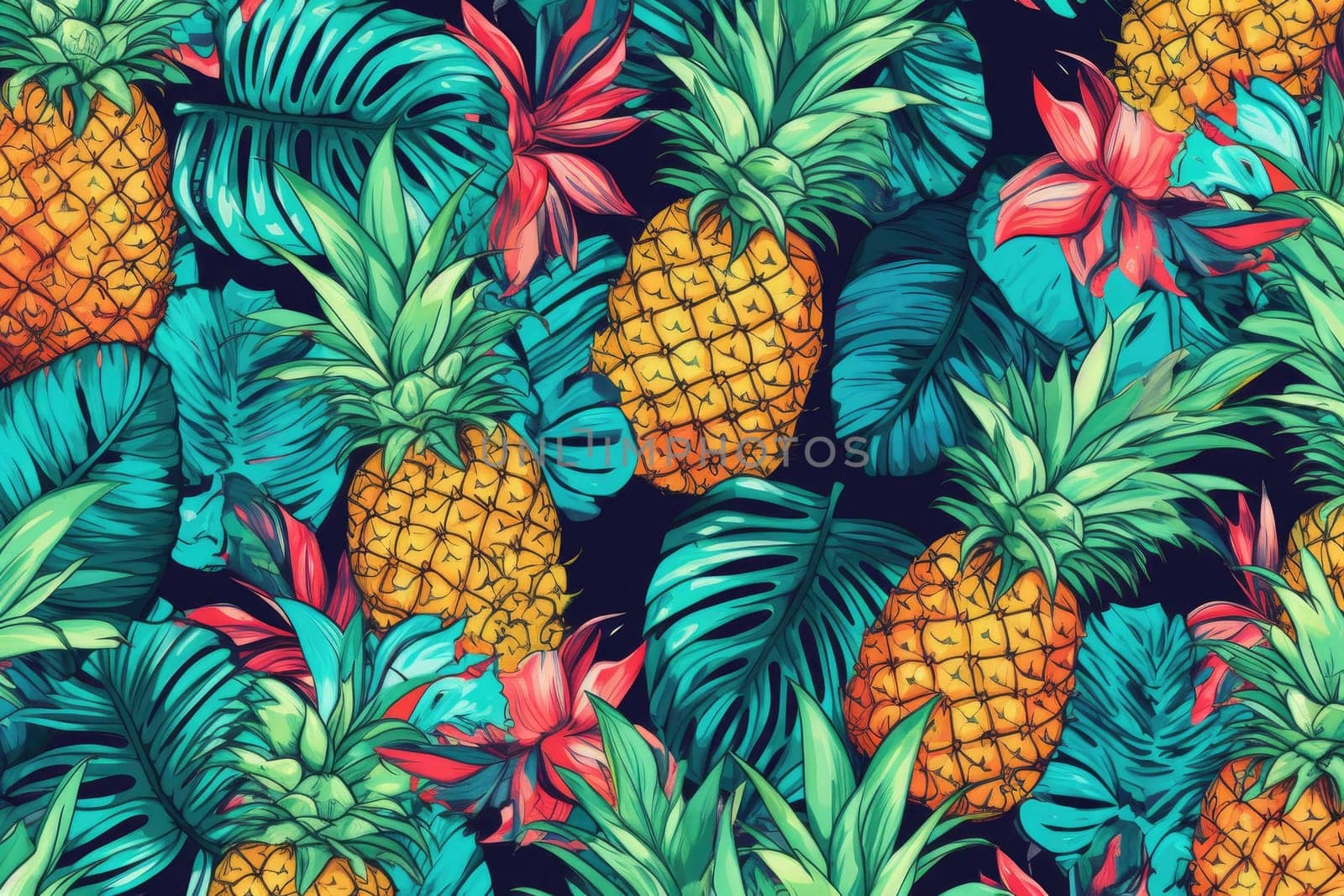 Tropical exotic pattern with animal and flowers in bright colors and lush vegetation. Ai Generative