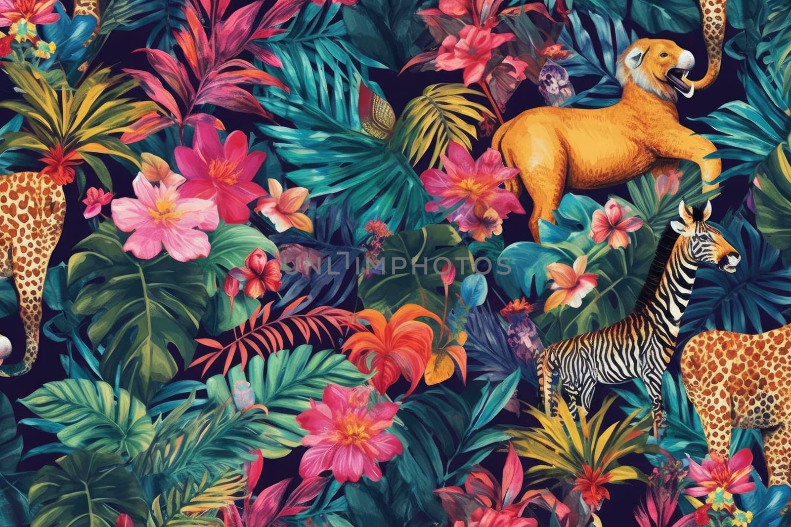 Tropical exotic pattern with animal and flowers in bright colors and lush vegetation. Ai Generative