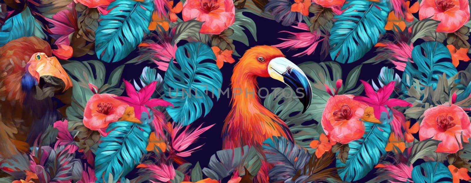 Tropical exotic pattern with animal and flowers in bright colors and lush vegetation. Ai Generative