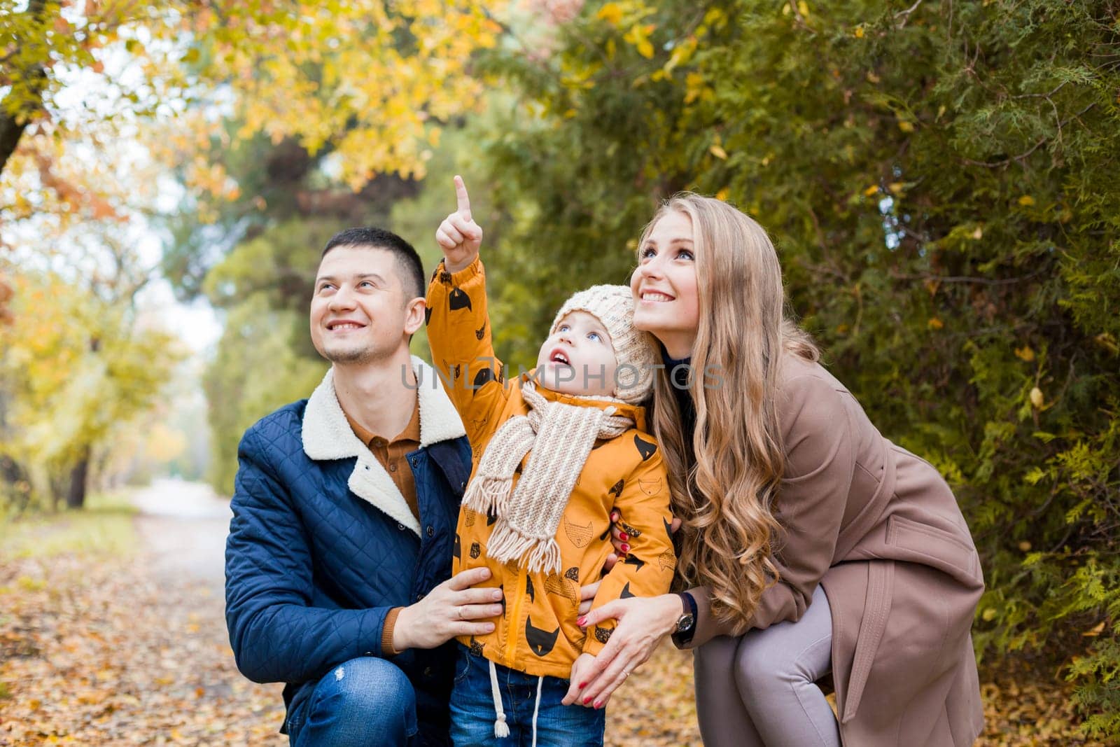 mom and dad and the little boy in the Park in autumn saw the birds