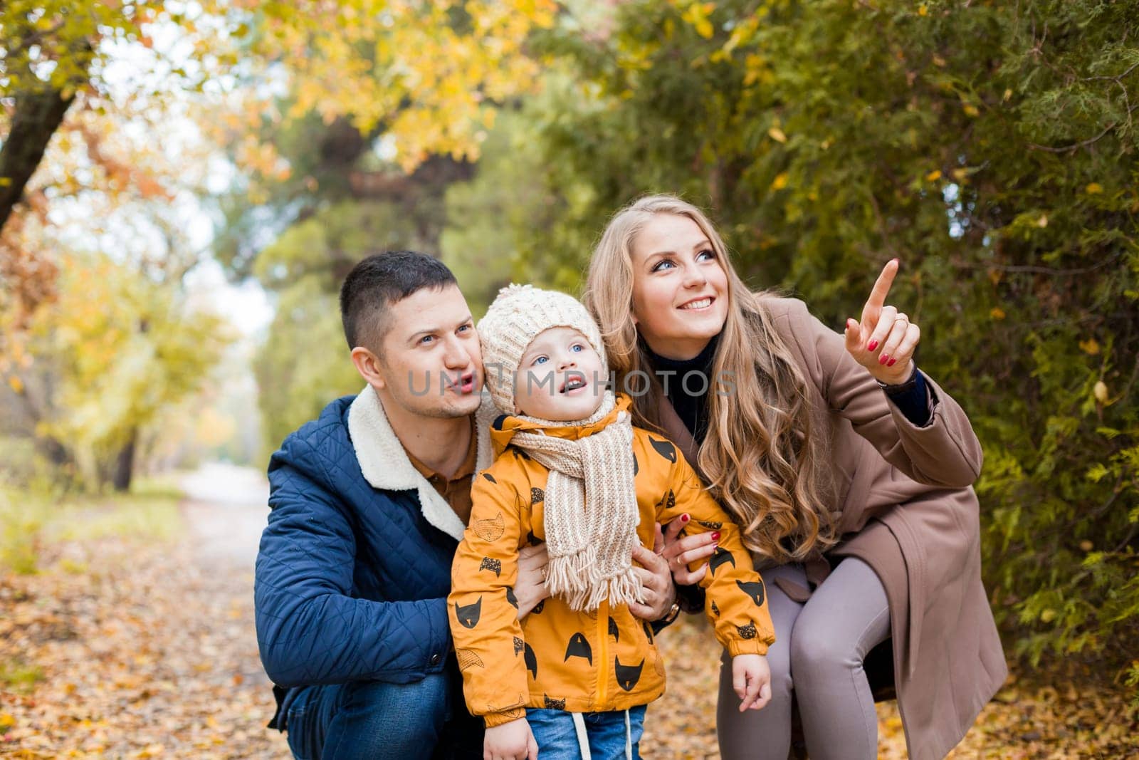 mom and dad and the little boy in the Park in autumn saw the birds