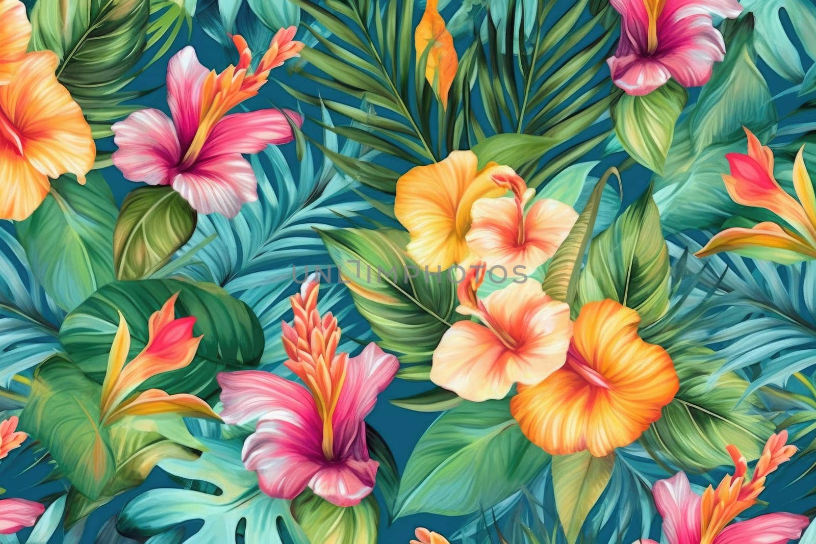 Tropical exotic pattern with animal and flowers in bright colors and lush vegetation. Ai Generative