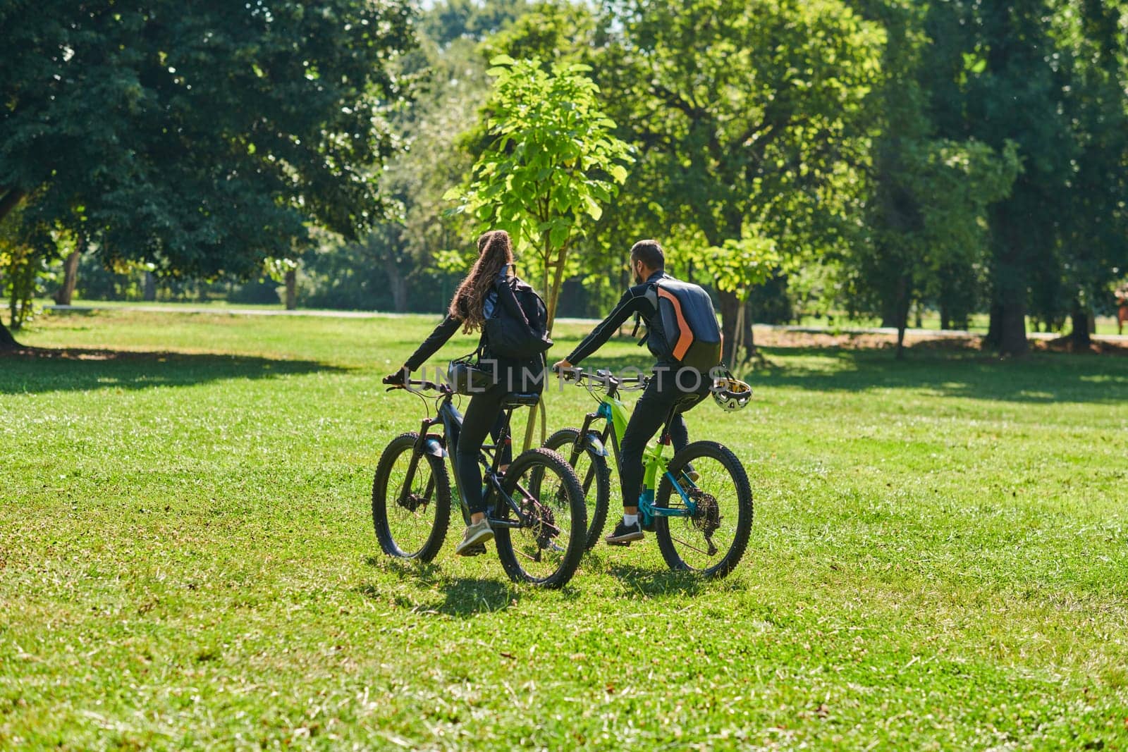 A blissful couple, adorned in professional cycling gear, enjoys a romantic bicycle ride through a park, surrounded by modern natural attractions, radiating love and happiness by dotshock