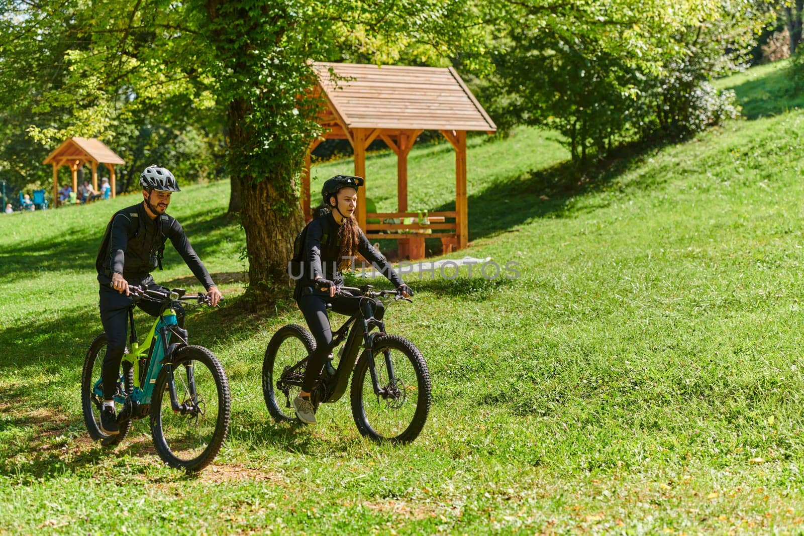 A blissful couple, adorned in professional cycling gear, enjoys a romantic bicycle ride through a park, surrounded by modern natural attractions, radiating love and happiness.