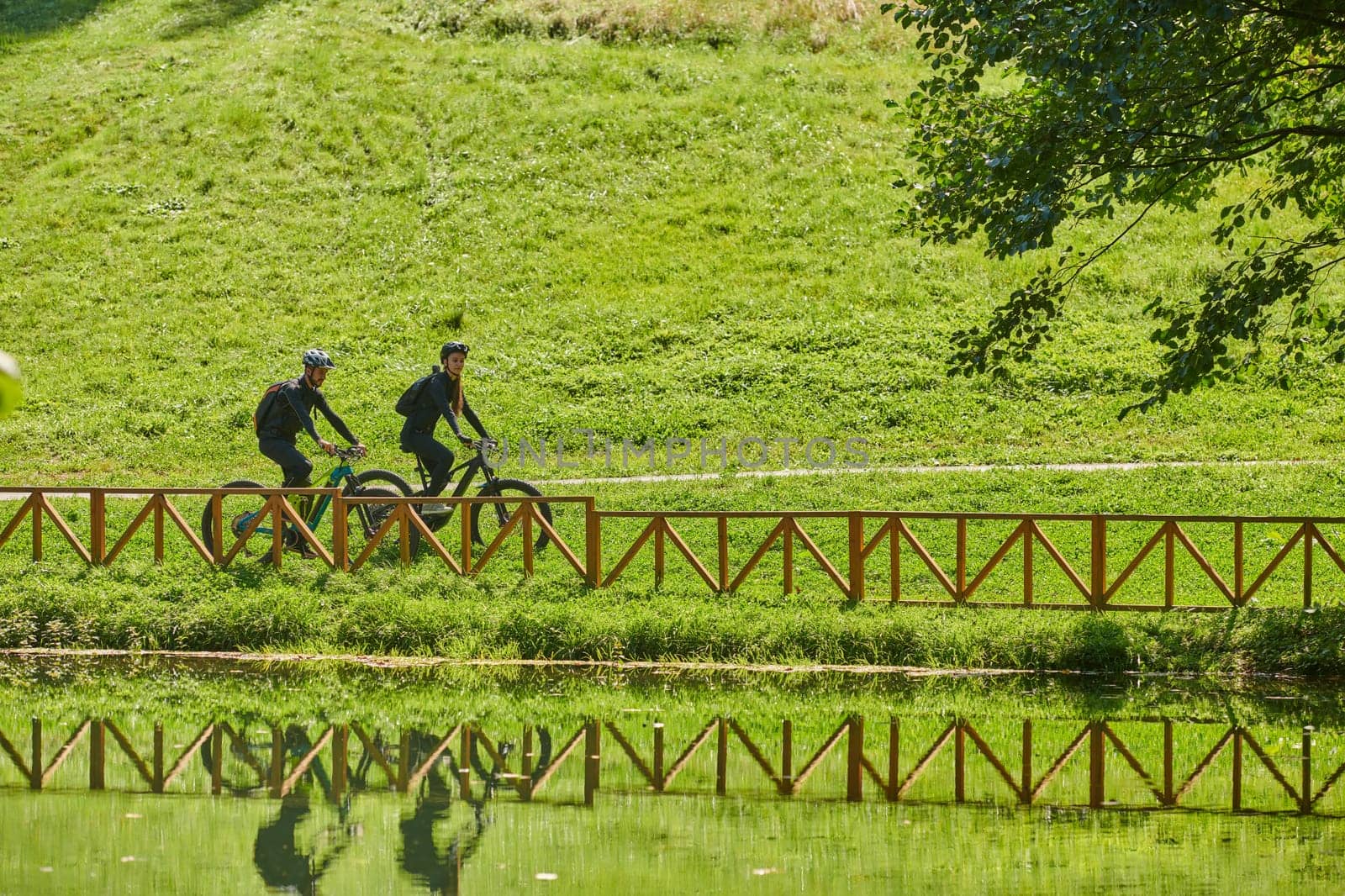 A blissful couple, adorned in professional cycling gear, enjoys a romantic bicycle ride through a park, surrounded by modern natural attractions, radiating love and happiness by dotshock