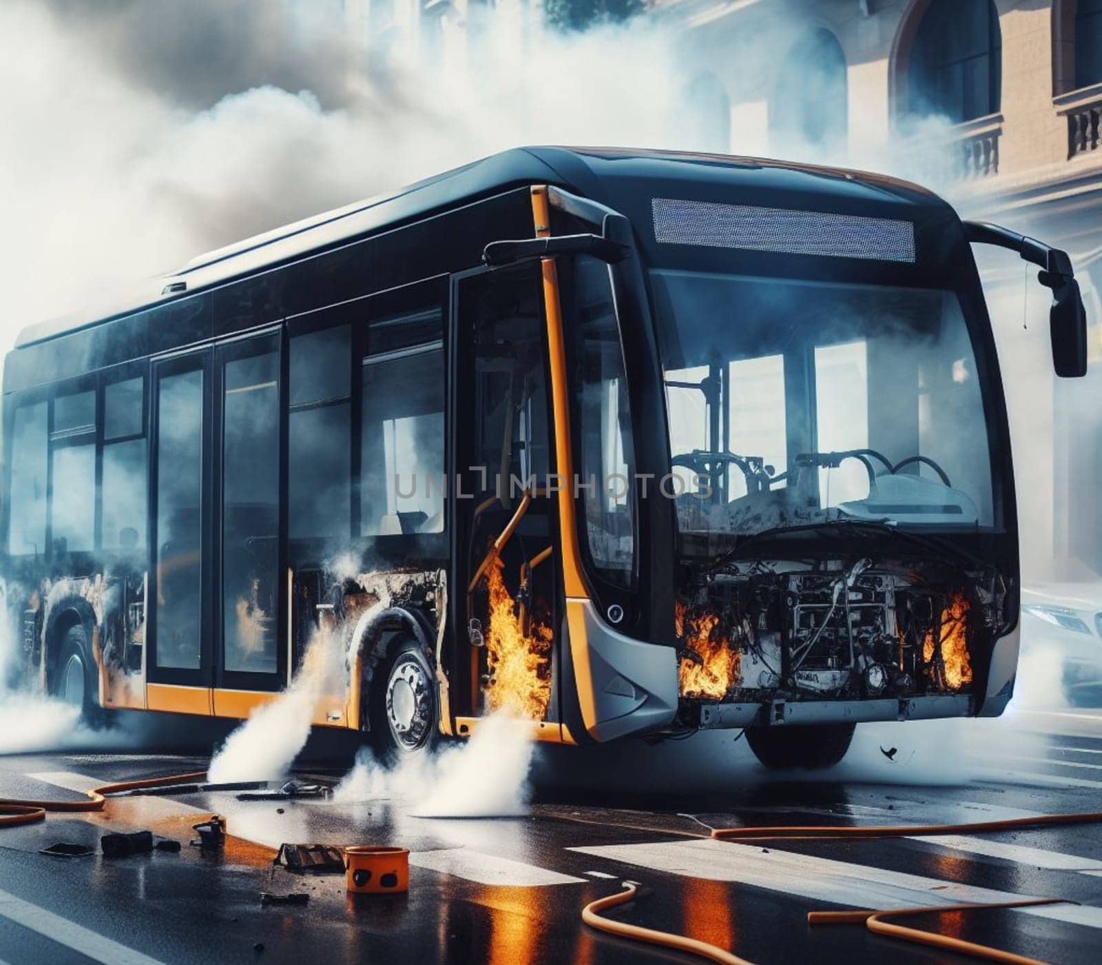 electric hybrid city bus burn bottom chasis, firefighter apply foam to extinguish flames big smoke ai generated