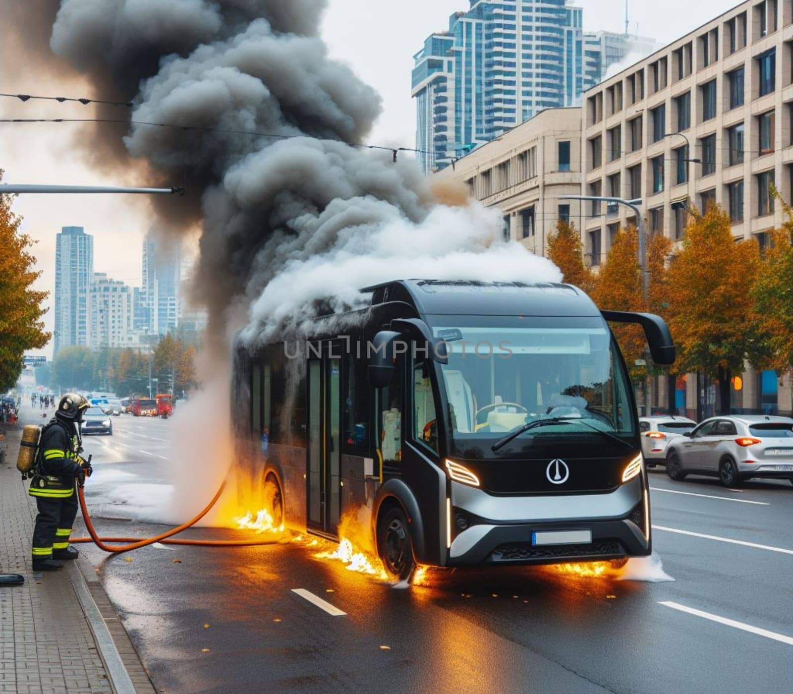 electric hybrid city bus burn bottom chasis, firefighter apply foam to extinguish flames big smoke ai generated