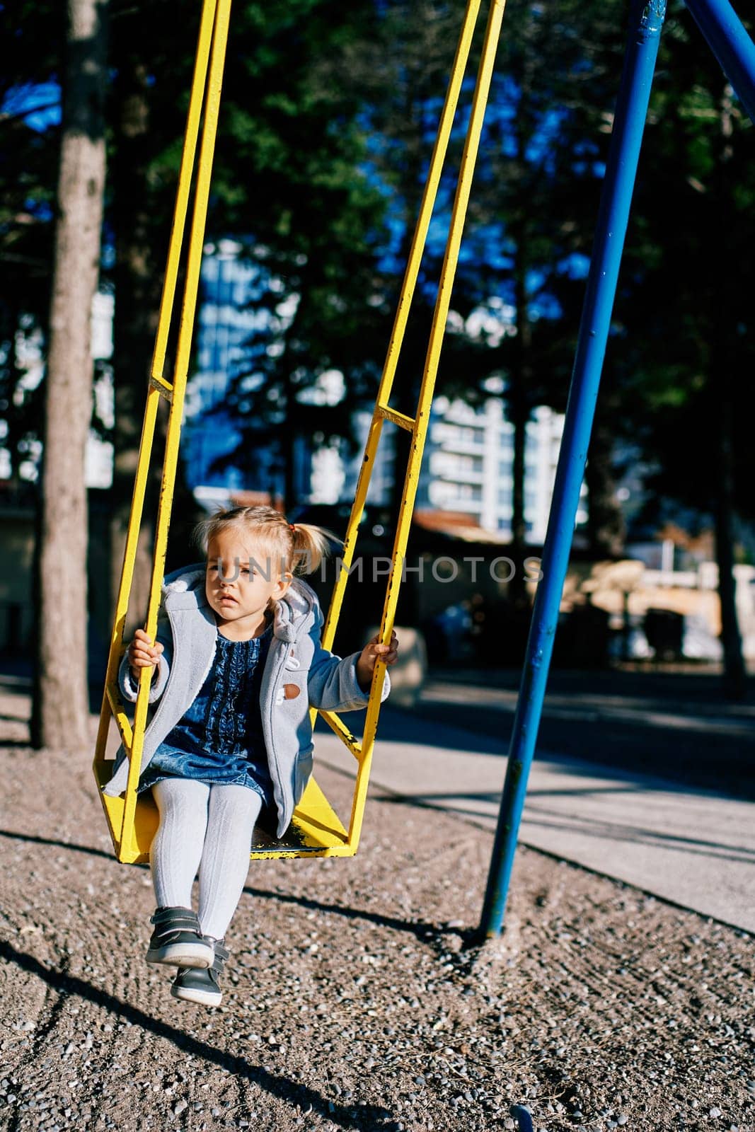 Little girl swings on a swing in a sunny playground. High quality photo