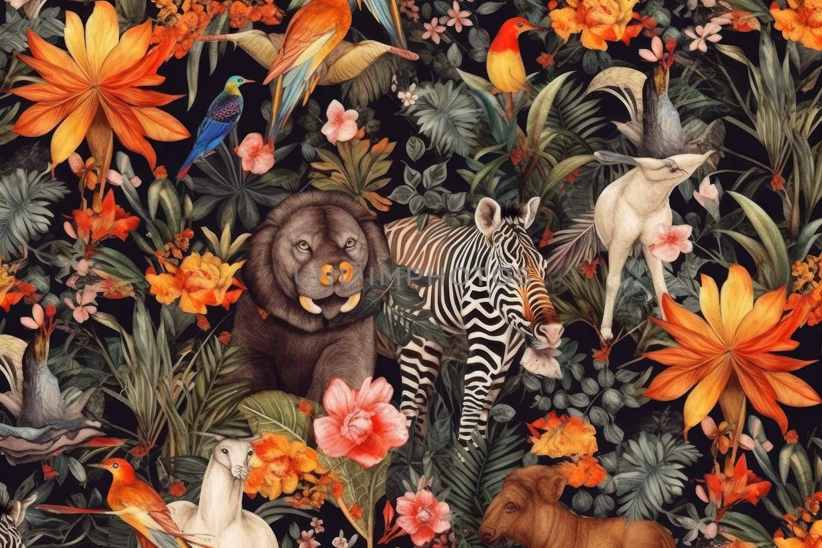 Tropical exotic pattern with animal and flowers in bright colors and lush vegetation. Ai Generative