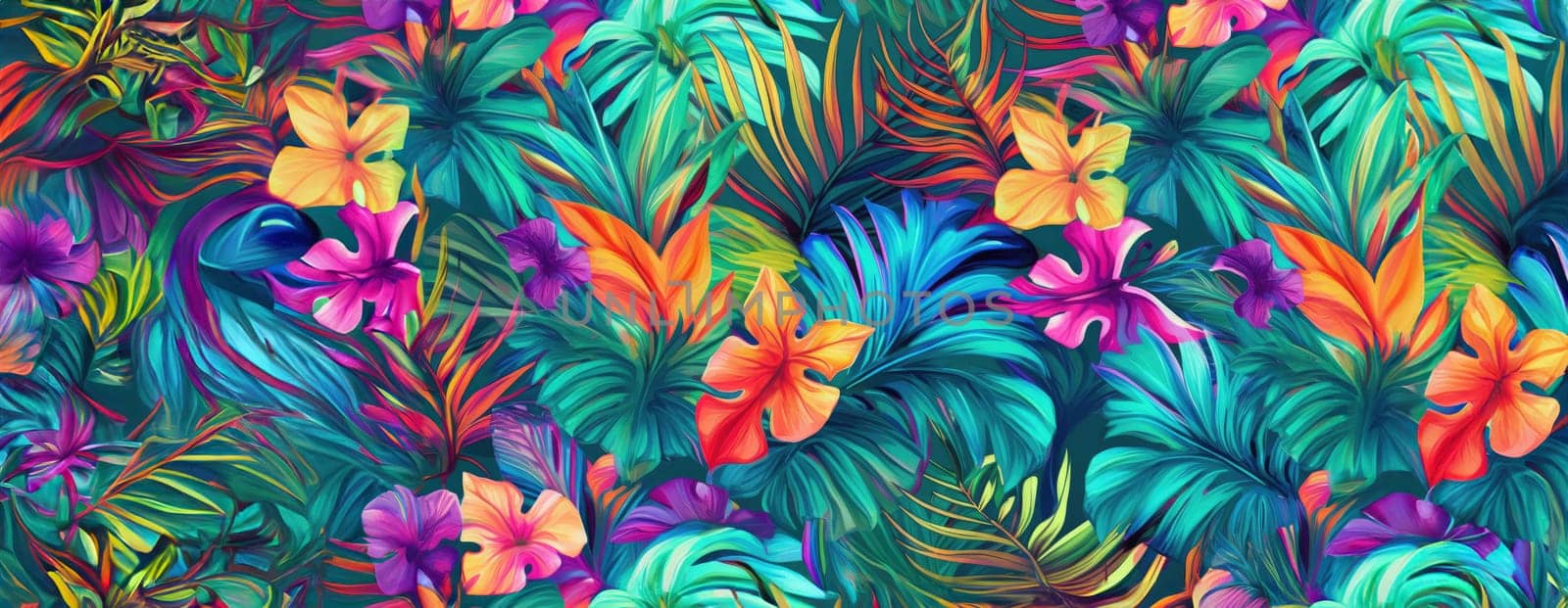 Tropical exotic pattern with animal and flowers in bright colors and lush vegetation. Ai Generative