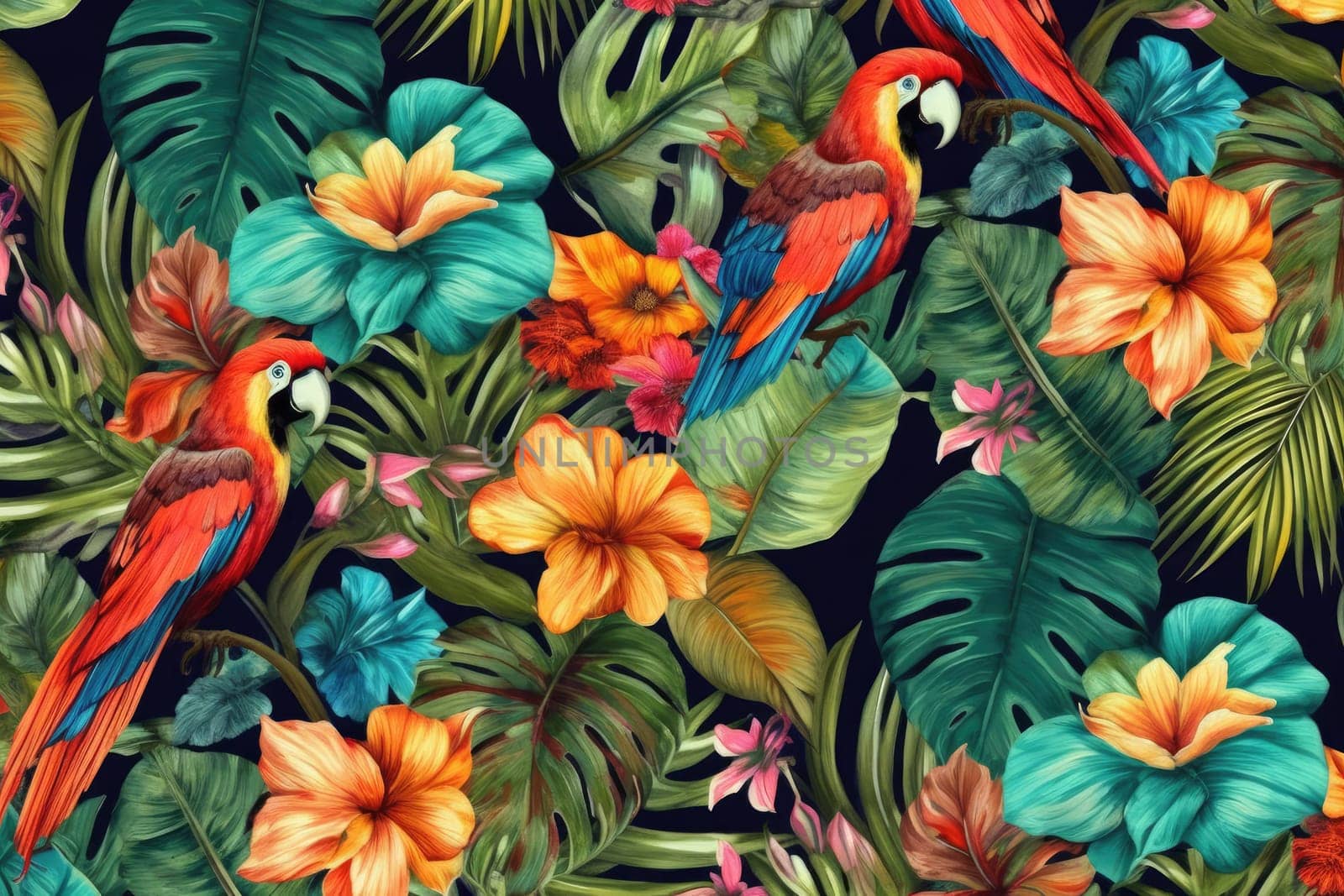 Tropical exotic pattern with animal and flowers in bright colors and lush vegetation. Ai Generative