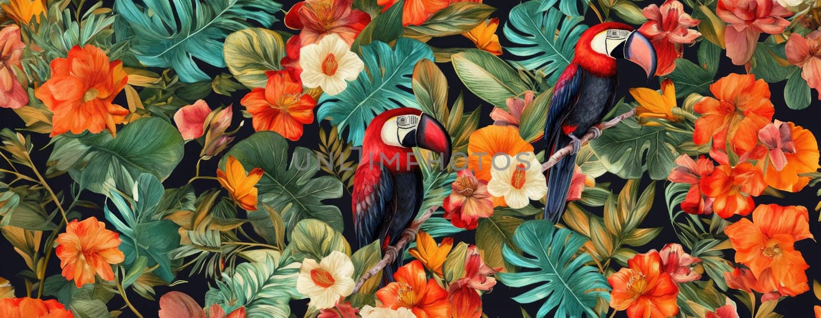 Tropical exotic pattern with animal and flowers in bright colors and lush vegetation. Ai Generative