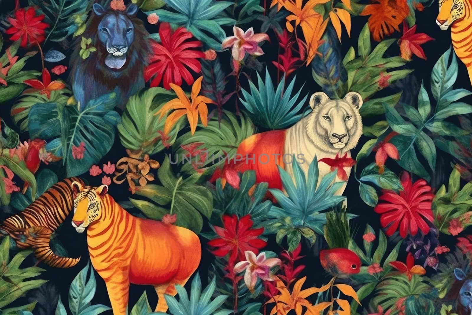 Tropical exotic pattern with animal and flowers in bright colors and lush vegetation. Ai Generative