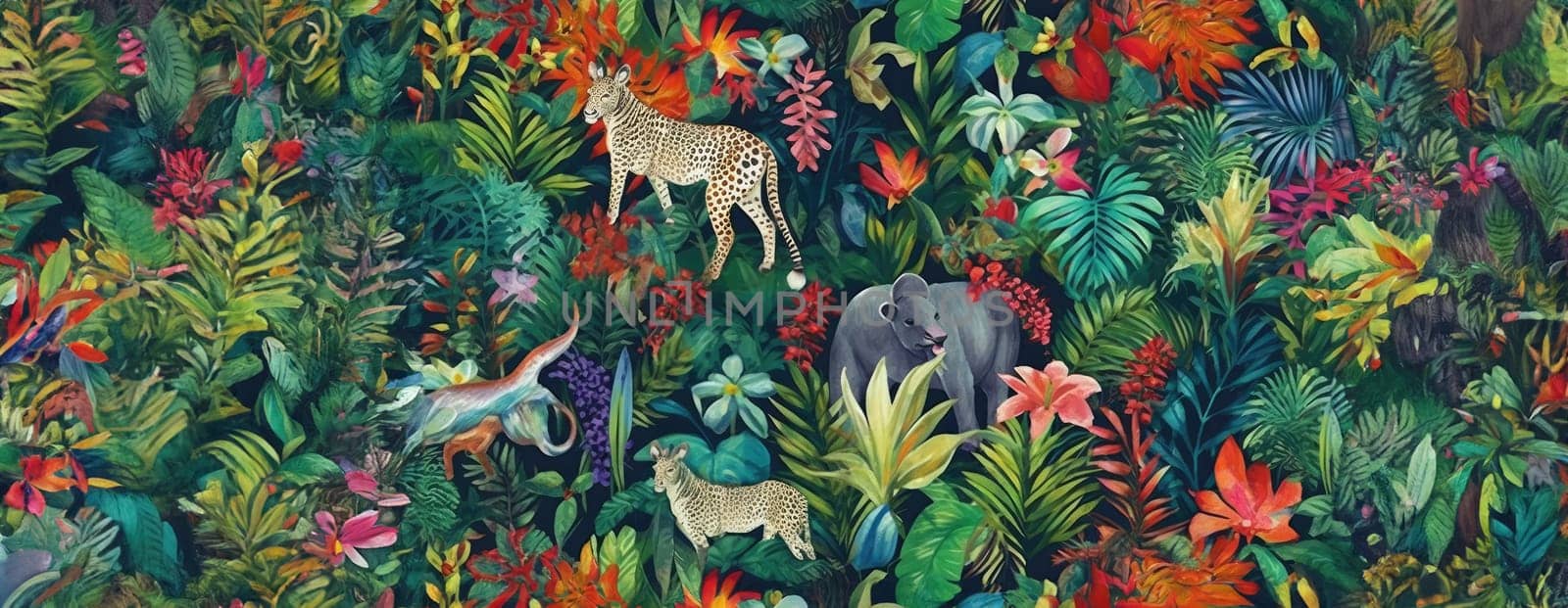 Tropical exotic pattern with animal and flowers in bright colors and lush vegetation. Ai Generative