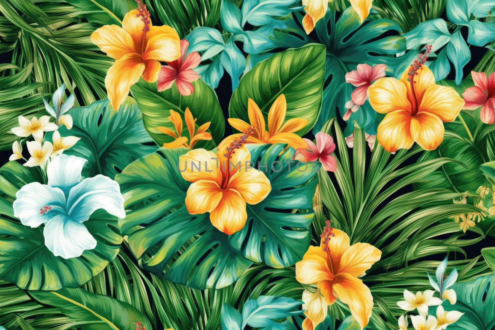 Tropical exotic pattern with animal and flowers in bright colors and lush vegetation. Ai Generative